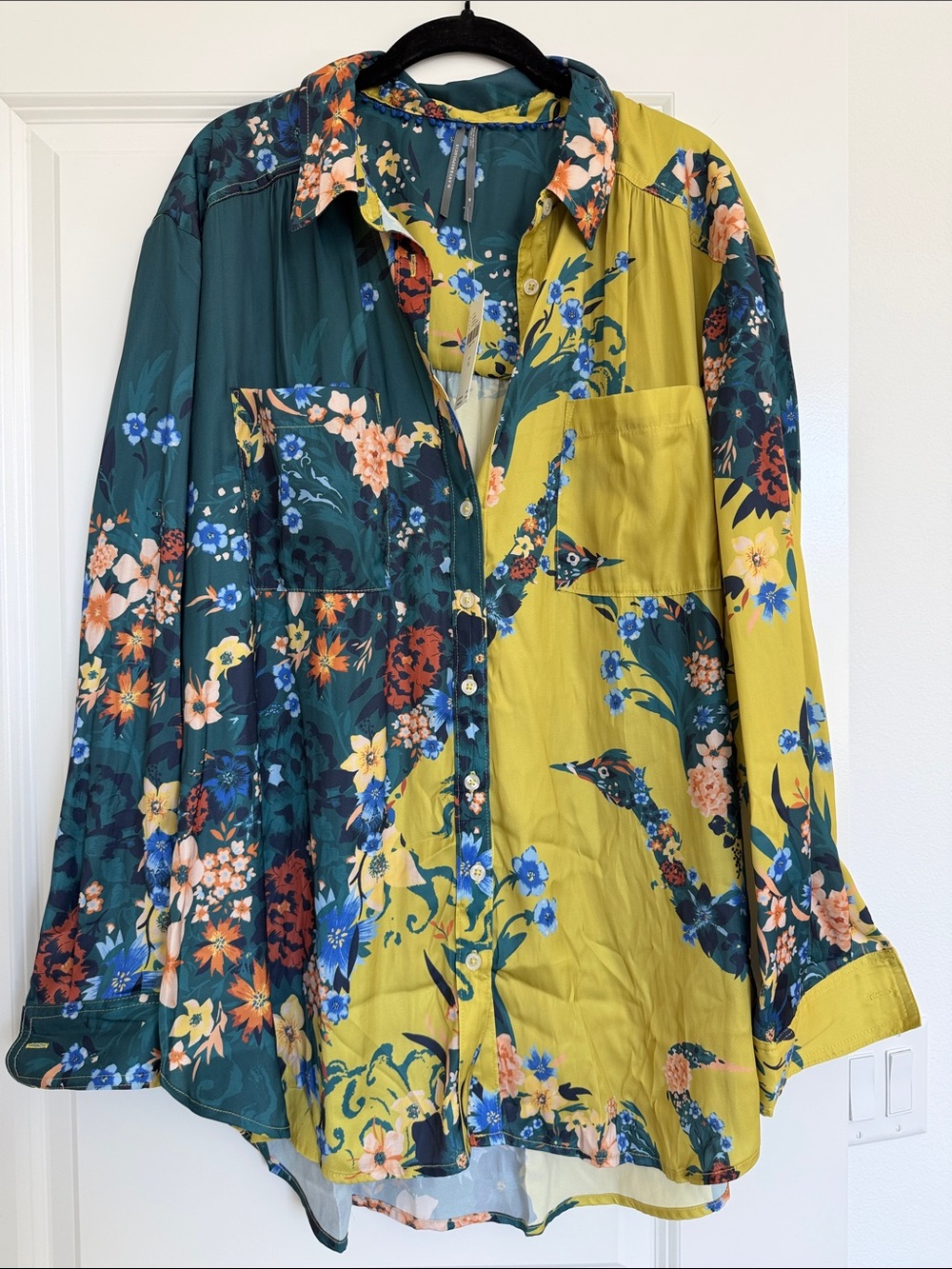 Anthropologie Floral Two-Tone Button-Up Jacket - Teal & Yellow